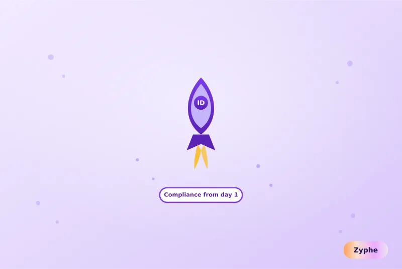 Fintech startup rocket with KYC ID badge launching toward compliance from day one