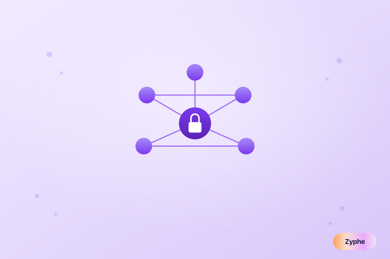 Network of connected nodes around a locked core representing decentralized PII storage with sharding