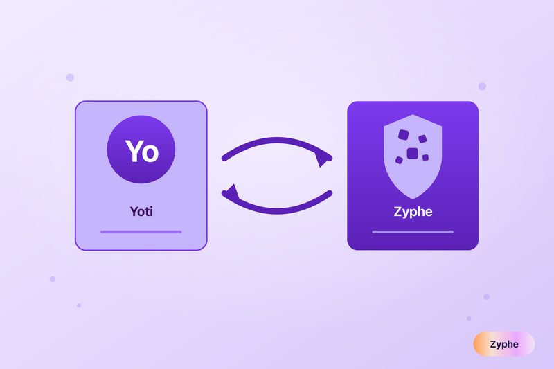 Illustration of switching identity verification provider from Yoti to Zyphe, shown as two cards with exchange arrows in Zyphe's lavender style