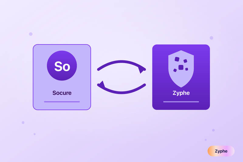 Illustration of switching identity verification provider from Socure to Zyphe, shown as two cards with exchange arrows in Zyphe's lavender style