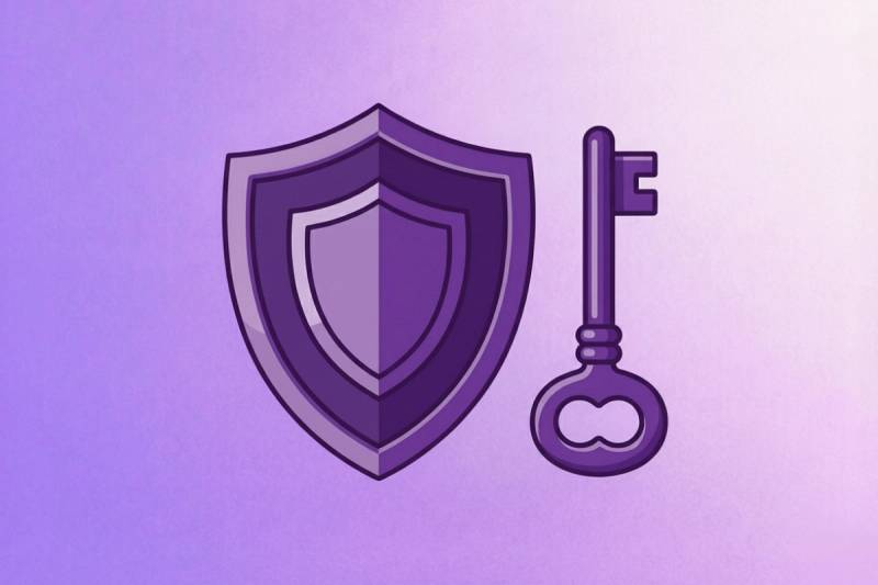 An image of a shield and a key on a purple gradient background.
