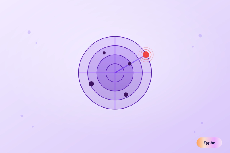 Radar screen tracking transactions with a flagged red alert blip