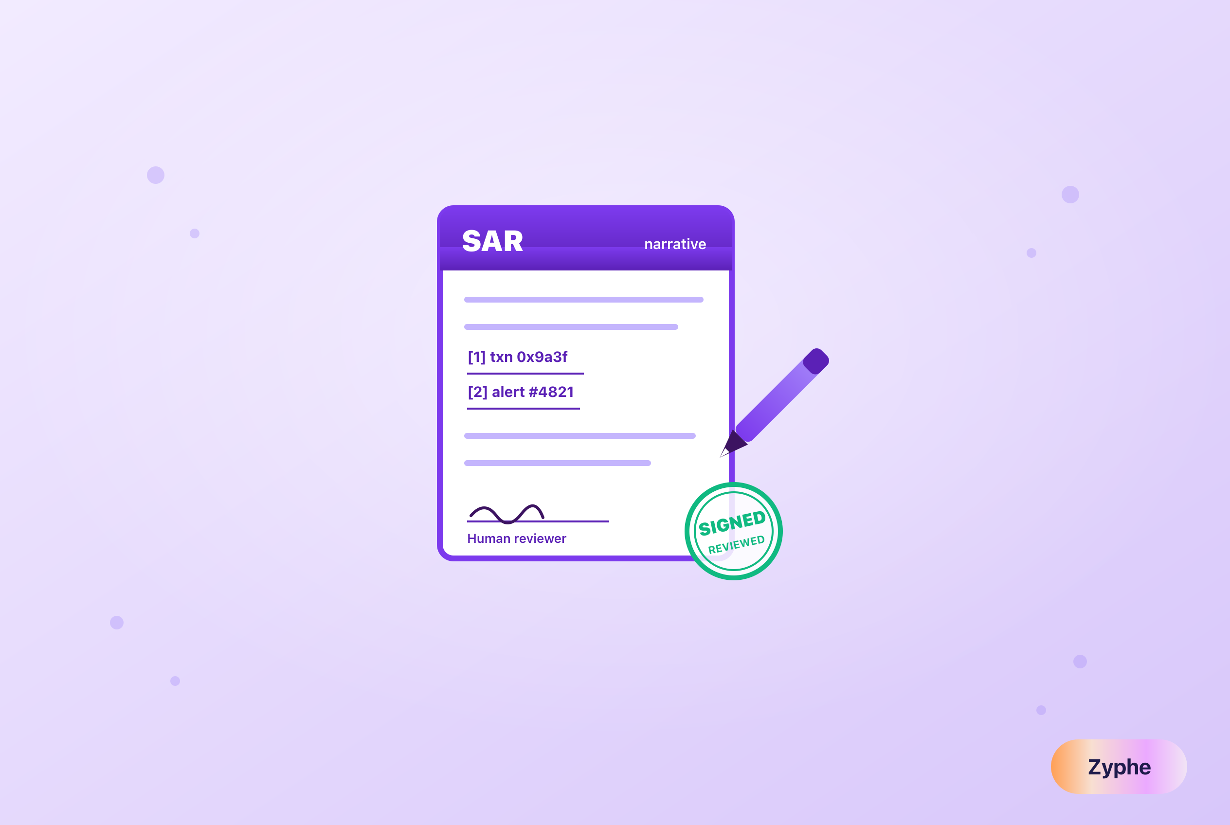 An AI-drafted SAR narrative report with cited transactions and a human signed-off review stamp