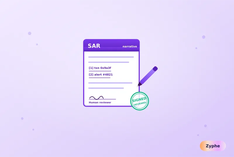 An AI-drafted SAR narrative report with cited transactions and a human signed-off review stamp