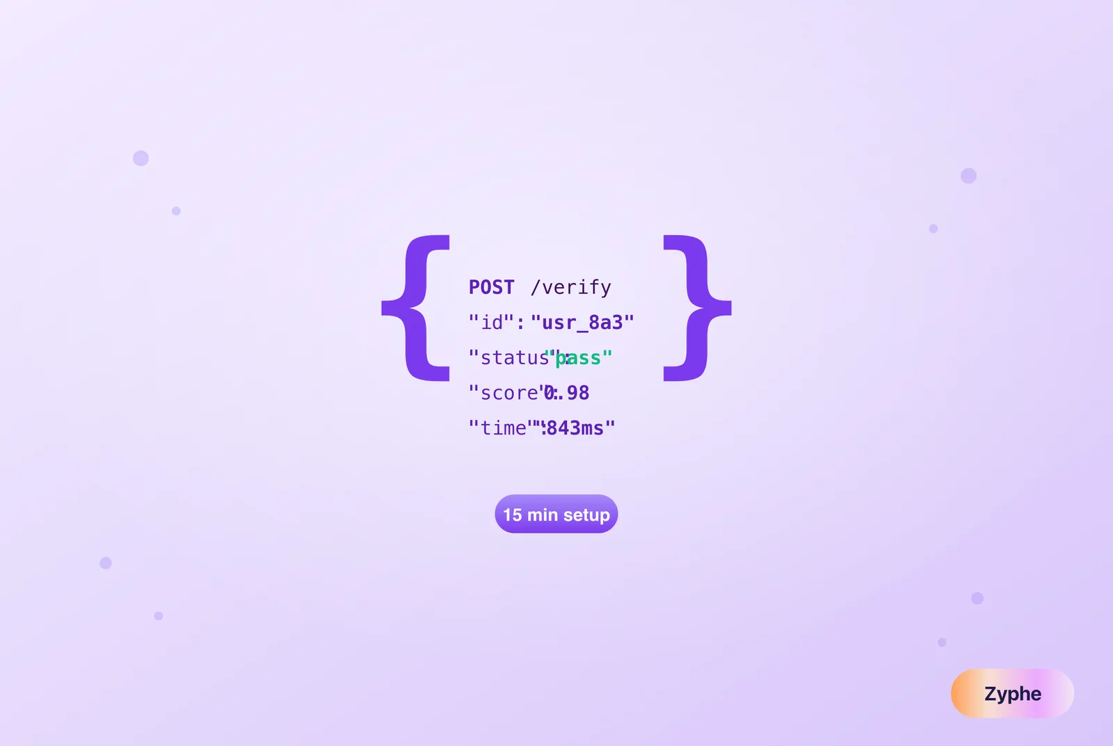 Code curly braces with a verified KYC API response and 15-minute setup label