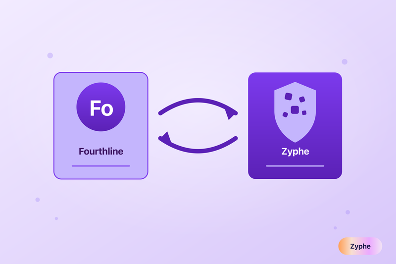 Illustration of switching identity verification provider from Fourthline to Zyphe, shown as two cards with exchange arrows in Zyphe's lavender style