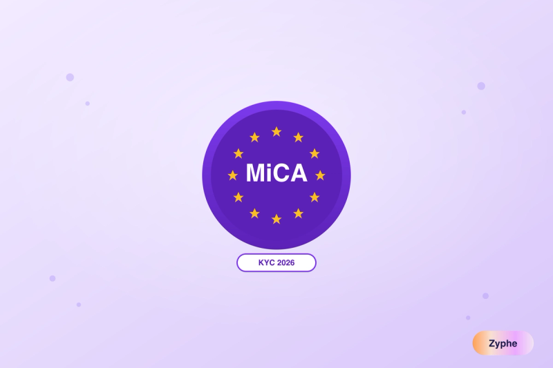 EU stars circle with MiCA regulation label and KYC 2026 badge
