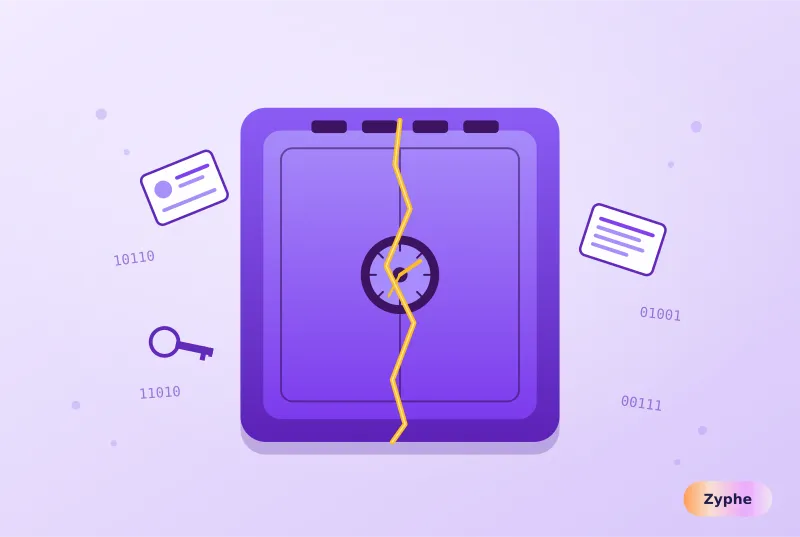 Cracked violet vault with personal data leaking out, illustrating how a centralised KYC vendor becomes a single point of breach