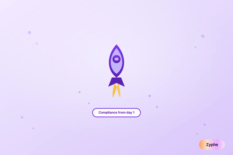 Fintech startup rocket with KYC ID badge launching toward compliance from day one