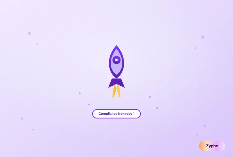 Fintech startup rocket with KYC ID badge launching toward compliance from day one