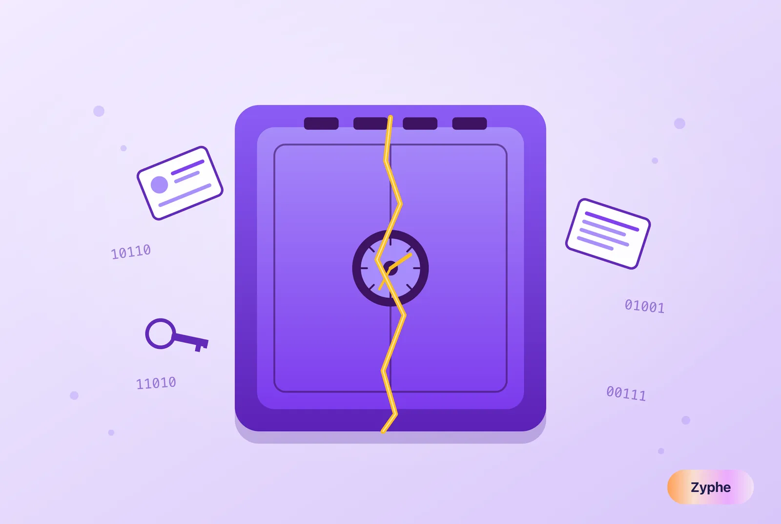 Cracked violet vault with personal data leaking out, illustrating how a centralised KYC vendor becomes a single point of breach