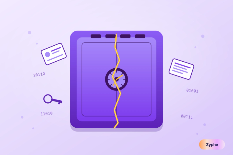 Cracked violet vault with personal data leaking out, illustrating how a centralised KYC vendor becomes a single point of breach