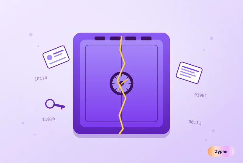 Cracked violet vault with personal data leaking out, illustrating how a centralised KYC vendor becomes a single point of breach