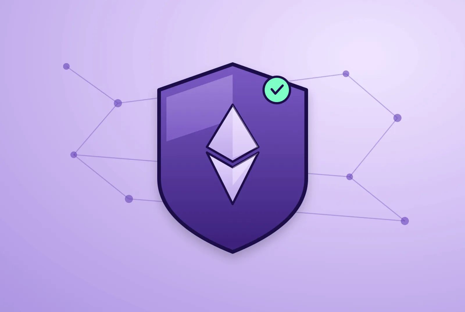KYC web3 illustration: a shield with the Ethereum logo and a green compliance check, connected to a node graph representing decentralised credentials and on-chain attestations