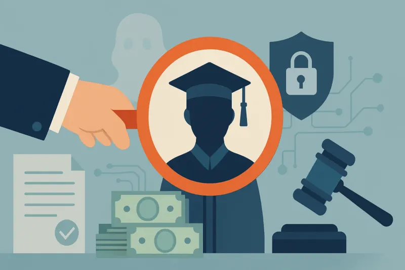 Editorial illustration for the article "FinCEN targets federal student aid fraud: ghost students, synthetic identities and new SAR duties".