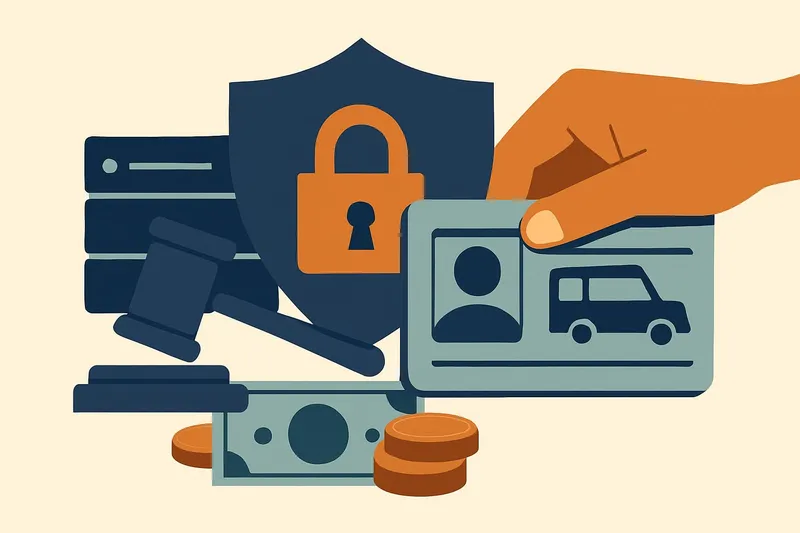 Editorial illustration for the article "Court blocks bulk transfer of driver's license data to federal agencies".