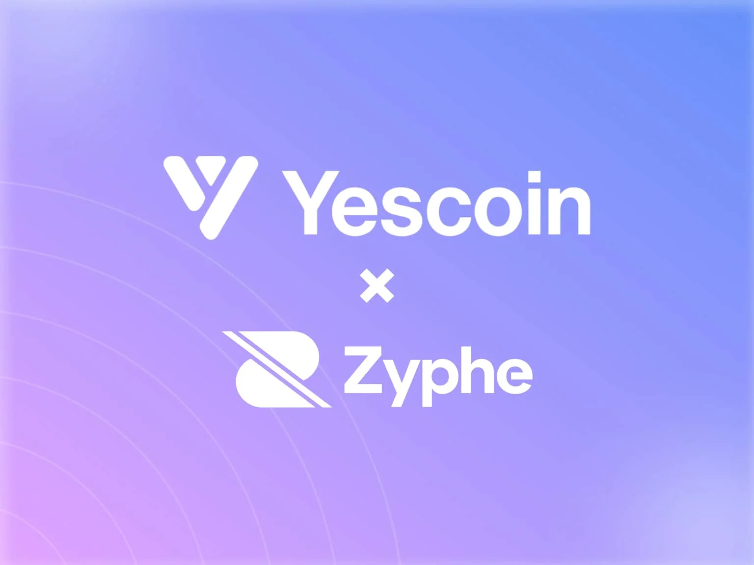 Gradient background in purple and blue featuring two logos in white. The Yescoin logo with text 'Yescoin' is at the top, and the Zyphe logo with text 'Zyphe' is at the bottom, separated by a white 'x' symbol indicating partnership.