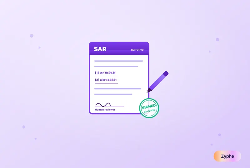 An AI-drafted SAR narrative report with cited transactions and a human signed-off review stamp
