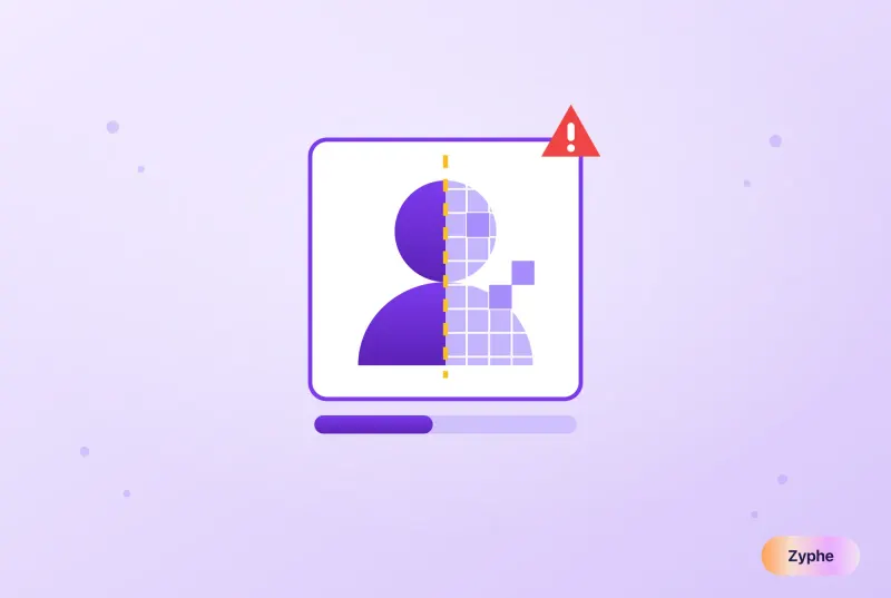 Genuine face beside a synthetic face under a scan grid with an alert marker, representing deepfake detection in KYC
