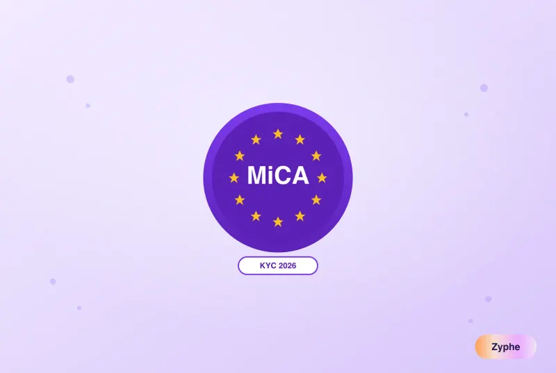 EU stars circle with MiCA regulation label and KYC 2026 badge