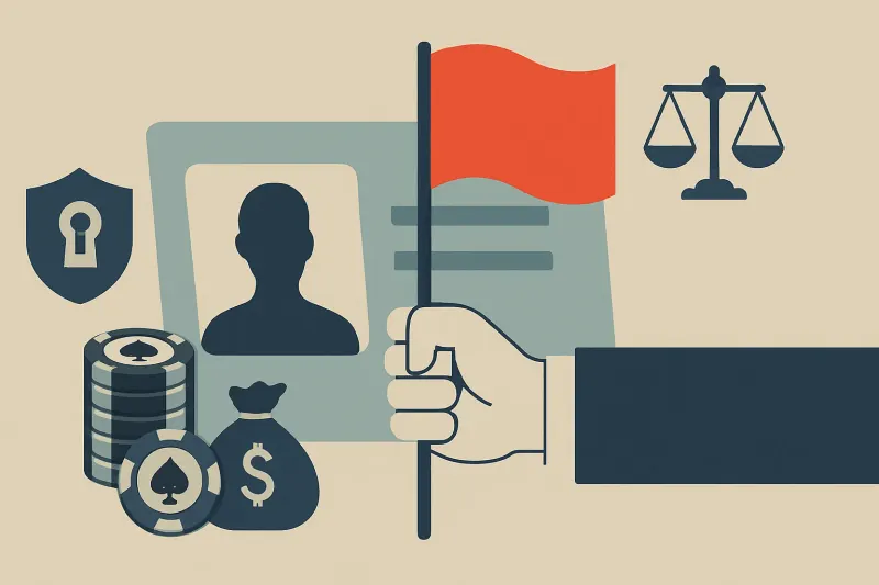 Editorial illustration for the article "FATF gambling risk indicators: what the new red flags mean for casino and betting KYC".