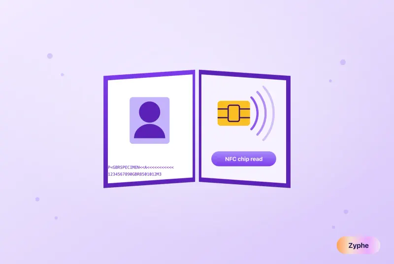 Open passport booklet with photo page and machine-readable zone, and NFC signal arcs rising from the chip on the facing page
