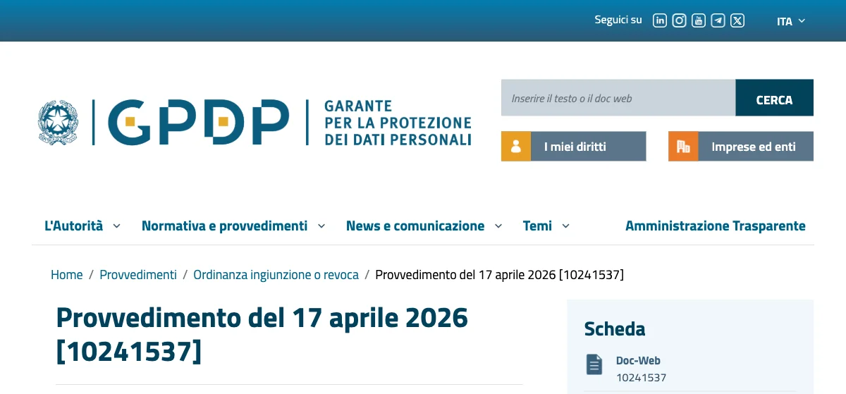 Italy Garante GDPR fine Poste Italiane device surveillance decision April 2026