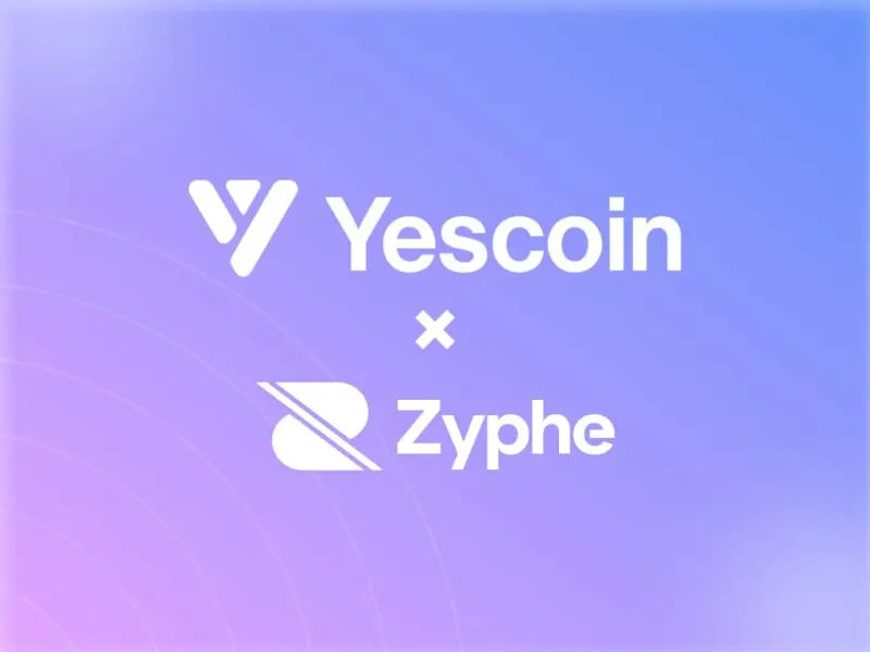 Gradient background in purple and blue with Yescoin and Zyphe logos indicating partnership.