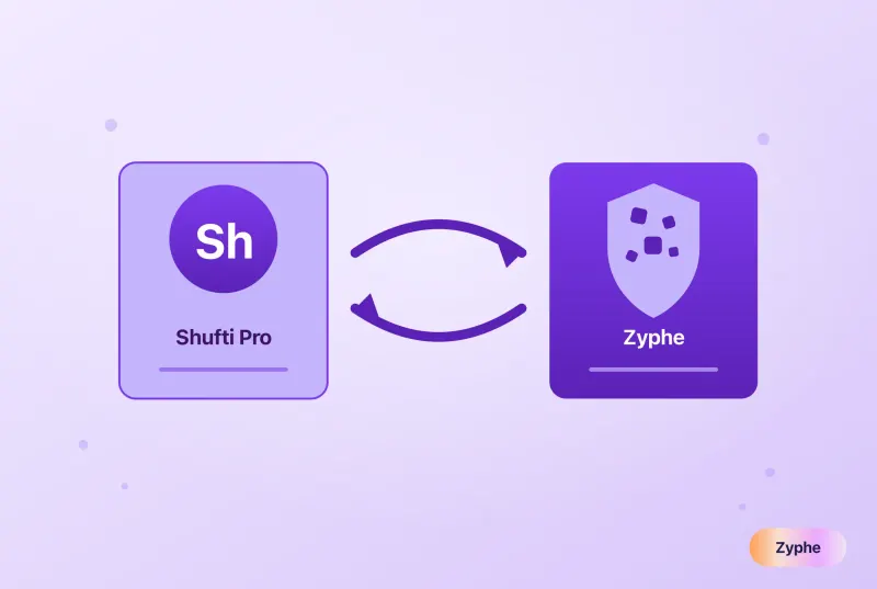 Illustration of switching identity verification provider from Shufti Pro to Zyphe, shown as two cards with exchange arrows in Zyphe's lavender style