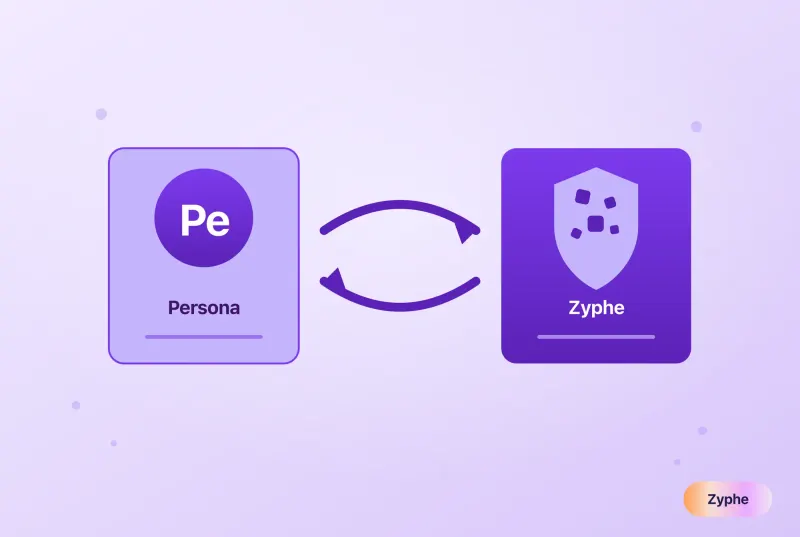 Illustration of switching identity verification provider from Persona to Zyphe, shown as two cards with exchange arrows in Zyphe's lavender style