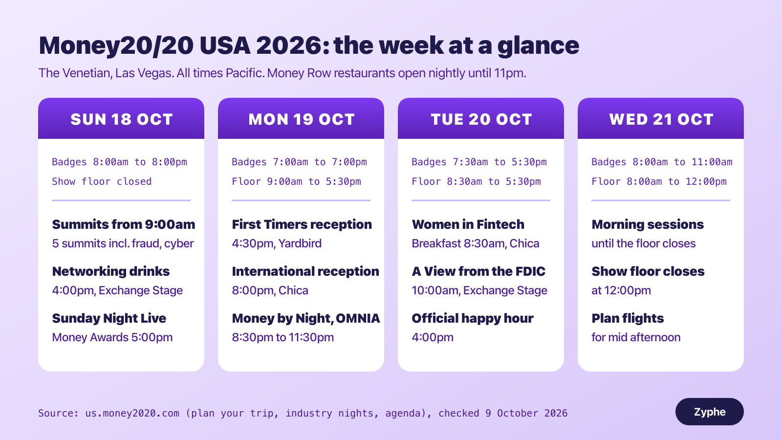 Four-column schedule of Money20/20 USA 2026 showing badge pick up hours, show floor hours and the main official evening events for Sunday 18 to Wednesday 21 October.
