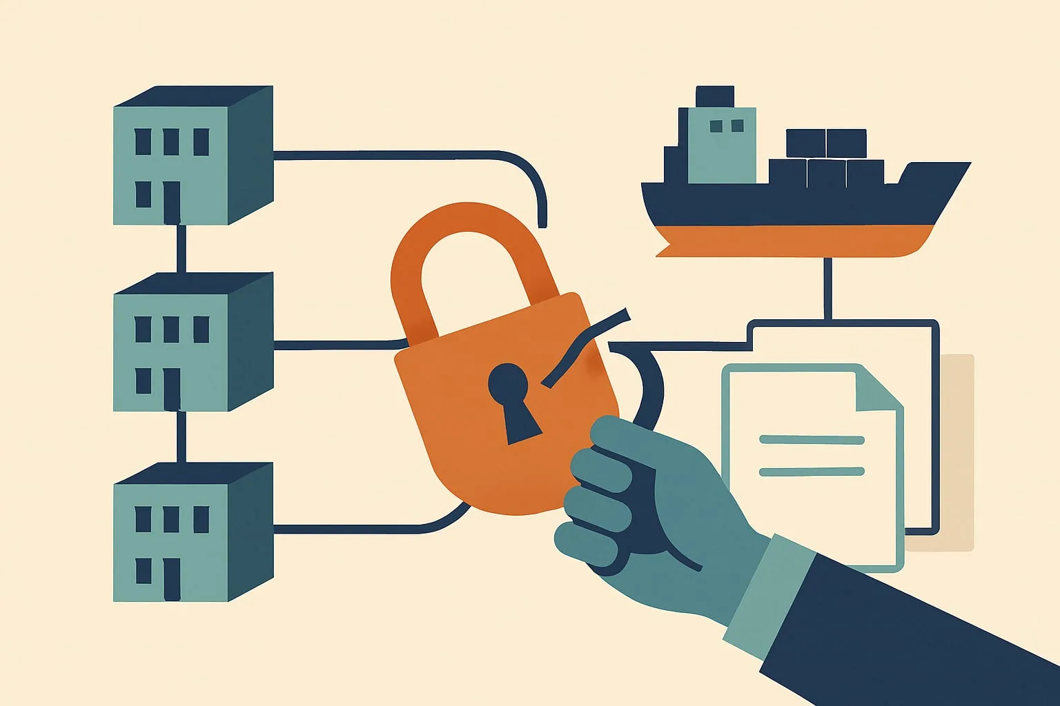 Three linked company buildings, a cargo ship and a trade document connected to an orange padlock held by a hand.