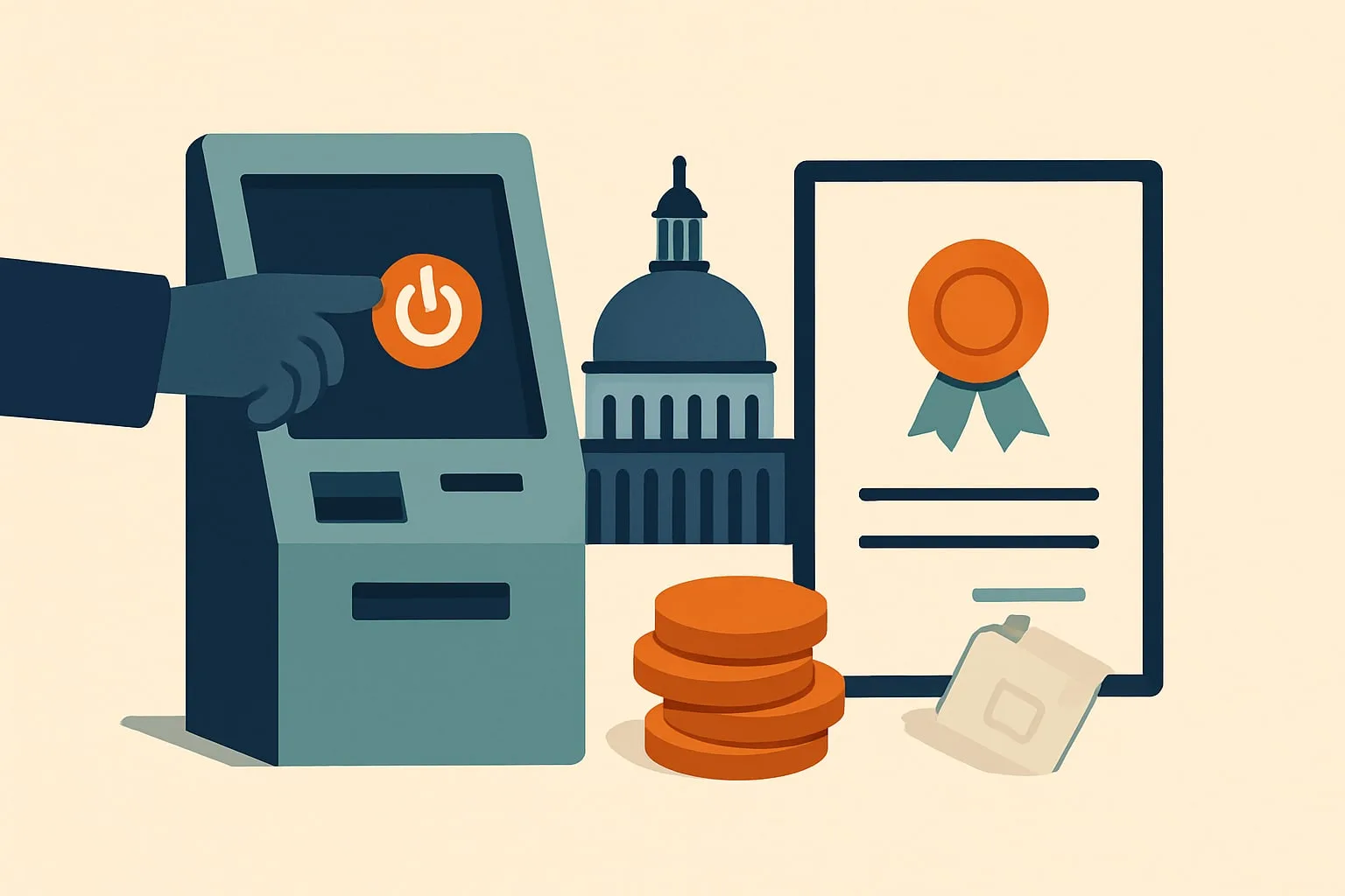 Flat illustration of a hand switching off a crypto kiosk beside a state capitol dome, a stack of coins and a sealed consent order.