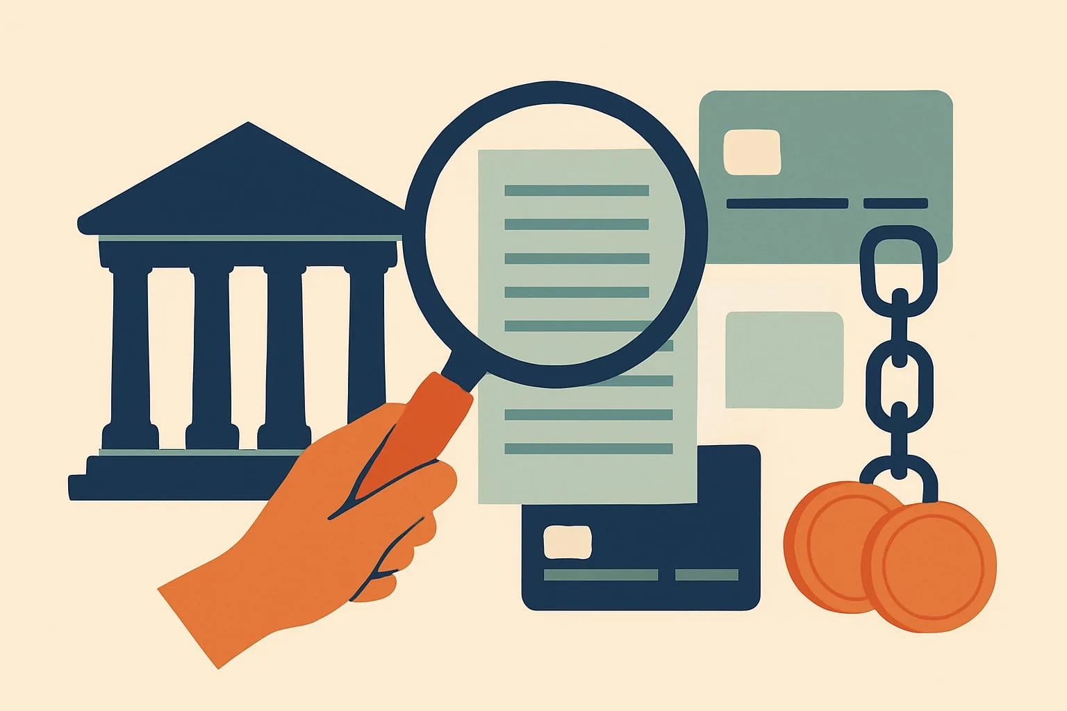 Flat illustration of a hand holding a magnifying glass over a document, beside a bank building, payment cards, a chain and coins, for the DNB fine on Modulr Finance B.V.