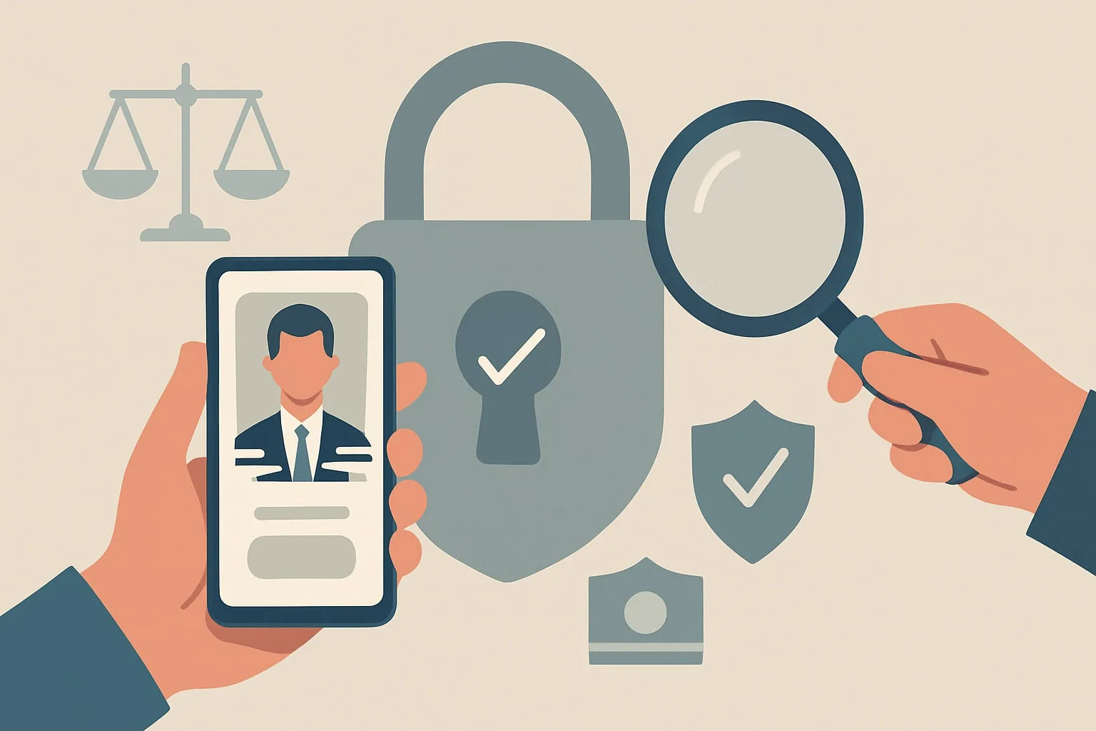 Illustration of a hand holding a phone with an identity profile beside a padlock, shield and magnifying glass, representing remote identity verification checks.