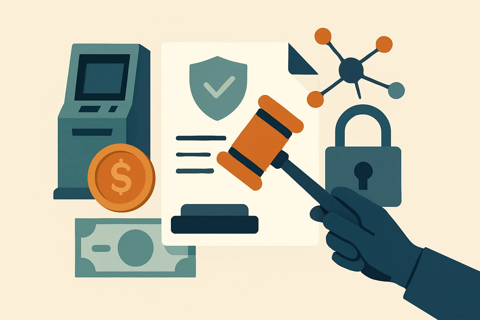 Editorial illustration for the article "Tren de Aragua sanctions: OFAC lists seven TRON addresses behind ATM jackpotting".